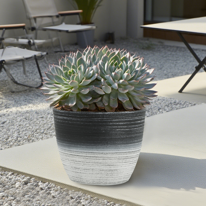 Maceta redonda con chorro de arena y dibujo lineal de dos colores