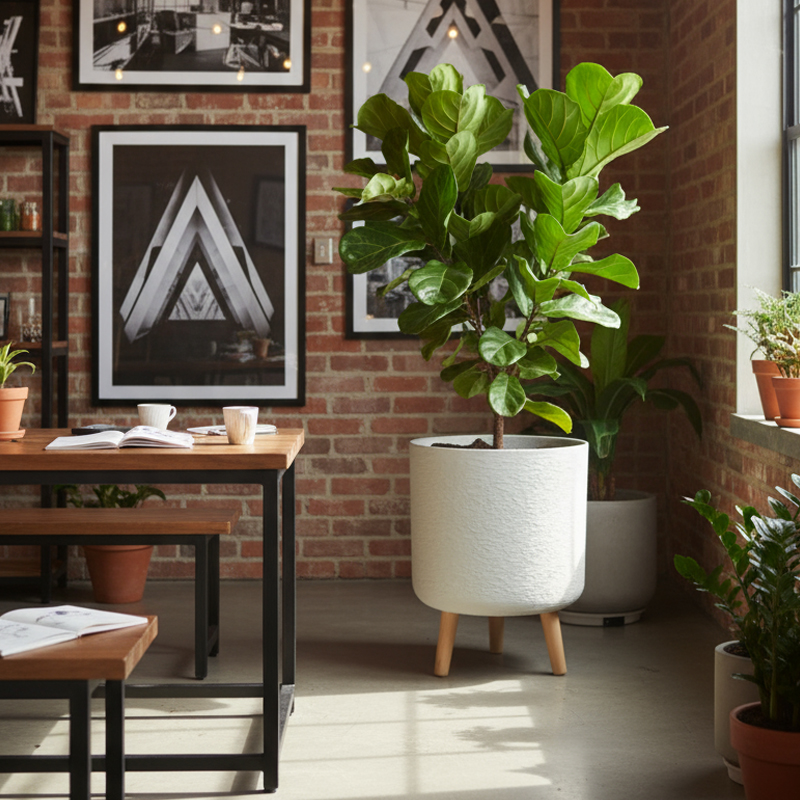 Jardinera cilíndrica versátil tipo yeso con patas de madera