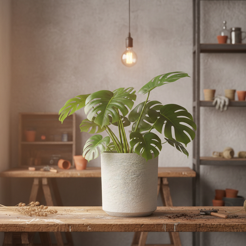 Maceta de plástico versátil con cilindro texturizado similar al yeso