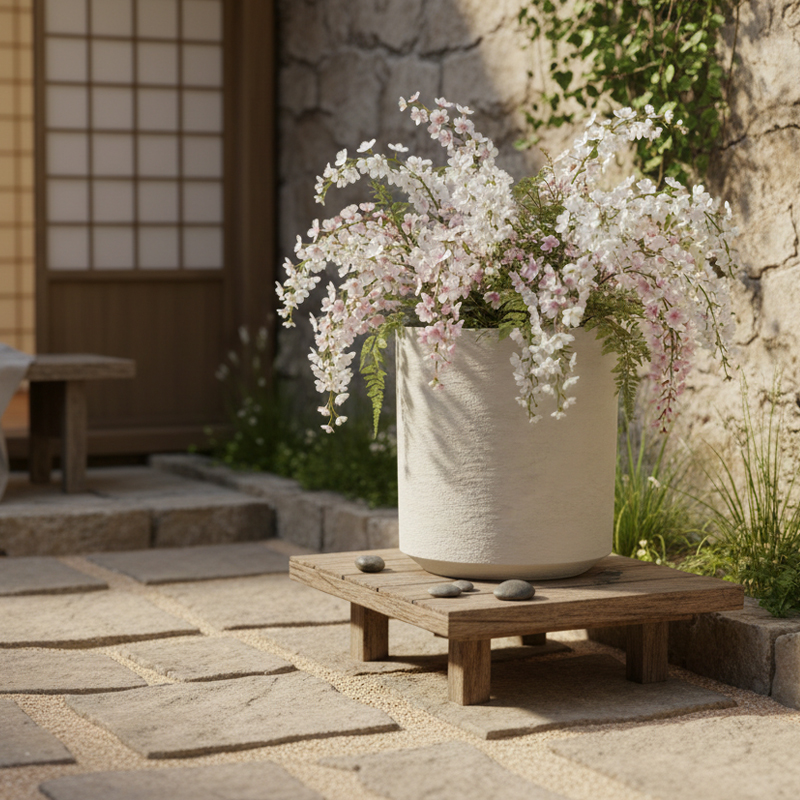 Maceta de plástico versátil con cilindro texturizado similar al yeso