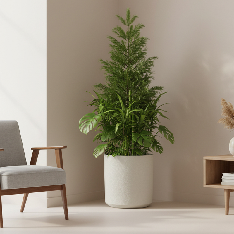 Maceta de plástico versátil con cilindro texturizado similar al yeso