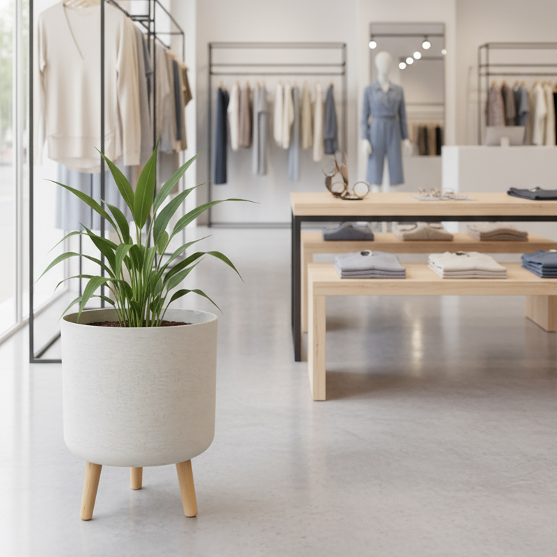 Jardinera cilíndrica versátil tipo yeso con patas de madera