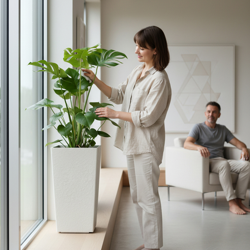 Maceta cuadrada moderna de plástico con textura similar al yeso